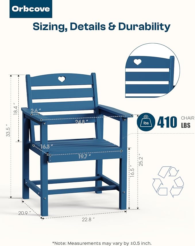 HDPE 2-Piece Outdoor Dining Chairs, Weather-Resistant Heart-Cutout Design Patio Dining Chairs, Outdoor Furniture for Lawn, Patio, Porch, Deck, Poolside, Yard (Classic Blue)