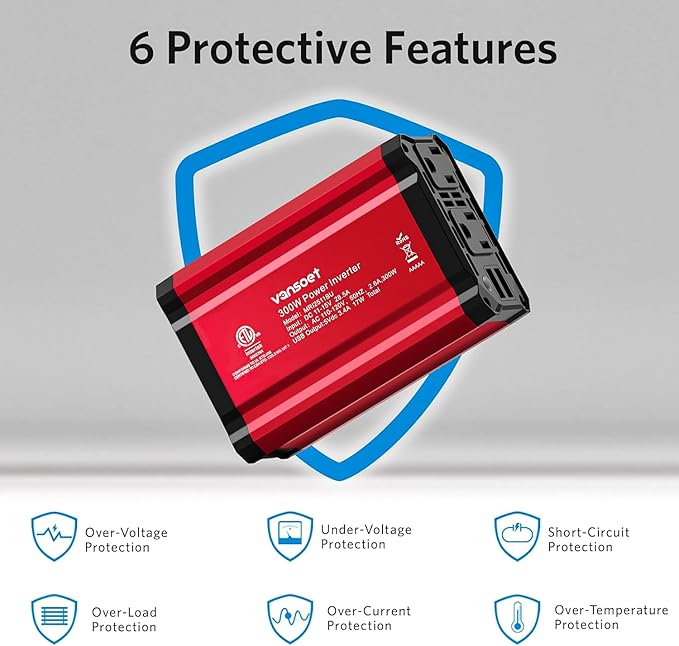 300w Power Inverter DC 12V to AC 110V - vansoet Car Plug Adapter Outlet with 3.4A Dual USB Fast Charging Port - Car Charger Cigarette Lighter Adapter for Phone, Laptop on Road Trip, Aluminum Housing