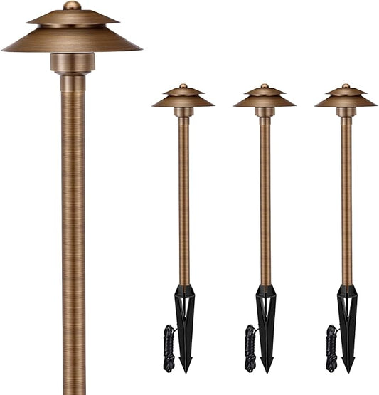 Gardencoin Solid Brass Low Voltage Landscape Pathway Lights (6'' Shade 2-Tier, 19'' Tall), 12V AC/DC LED Heavy Duty Path Lighting Outdoor Wired, Waterproof Bronze Walkway Light Without G4 Bulb, 4 Pack