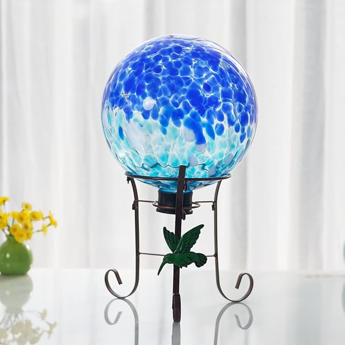 Stargarden Gazing Ball, 10 Inch Gazing Globe, Decorative Glass Balls with Metal Ball Holder, Mixed Blue Globe for Indoor, Outdoor Decor