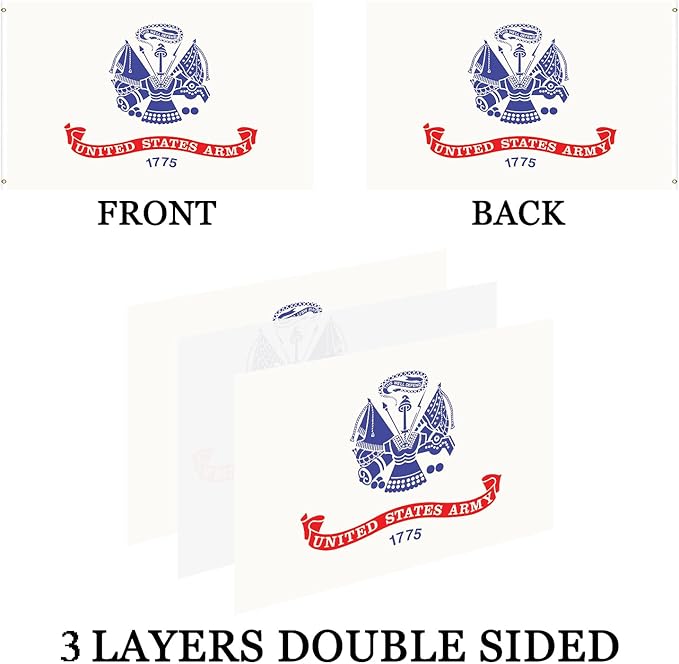 White US Army Flag 3x5 Outdoor Double Sided- 3Ply 240D 4 Rows Stitched- Military USA 1775 Army Flag UV Fade Resistant With Canvas Header & 2 Brass Grommets