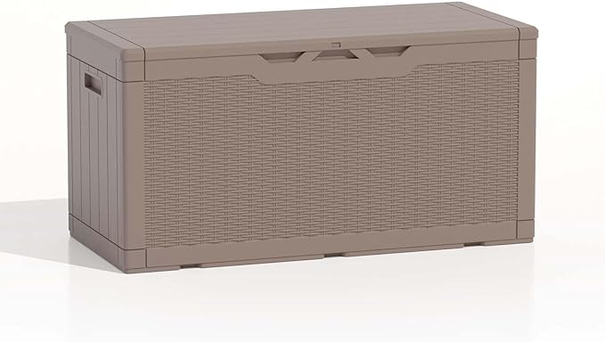 Patiolife 100 Gallon Resin Deck Box, Large Outdoor Storage Box for Garden Tools, Pool Supplies, Waterproof and Lockable, Light Brown