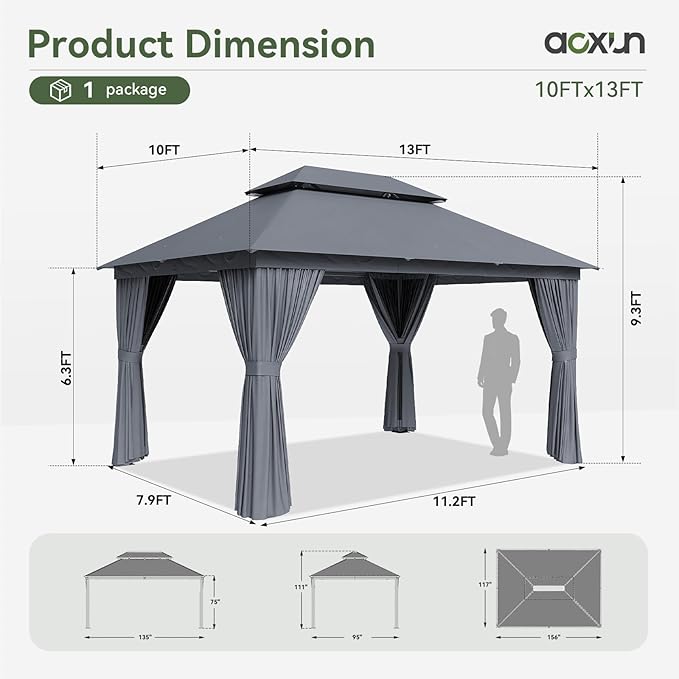 AOXUN Outdoor Gazebo for Patio 10x13, Metal Frame Canopy with Double Roofs, Heavy Duty Party Tent and Shelter with Mosquito Netting and Privacy Screen for Backyard, Lawn, Garden,Deck (Dark Gray)