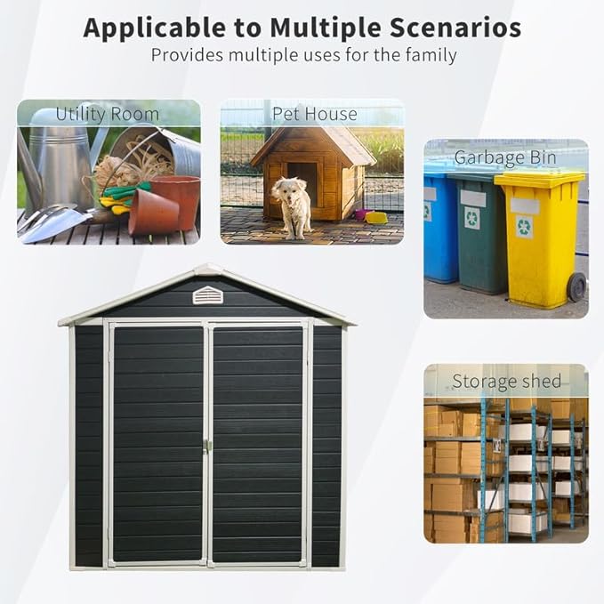 8 x 6 FT Outdoor Storage Shed with Window, Outside Garden Resin Sheds w/Floor and Lockable Doors, Waterproof Plastic Tool House for Backyard, Garden, Patio, Lawn, Bike Accessories, Black