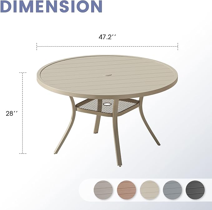 VICLLAX Outdoor Patio Round Dining Table, 47"x 47" Metal Slatted Round Tabletop with Adjustable Umbrella Hole for Deck Lawn Garden Backyard, Sandshell
