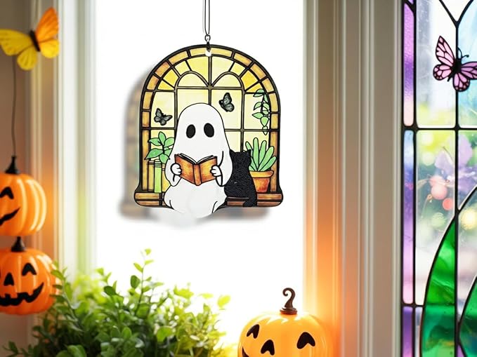 Ghost Black Cat Suncatcher, Ghost Reading Book Halloween Decor