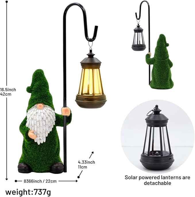Garden Gnome with Solar Lantern, Grass-Like Flocked Hat, Outdoor Garden Figurine Lights, Unique Gift for Women, Mom, Friends (Green Flocked Gnome)