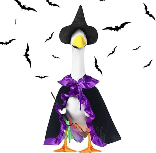 Halloween Porch Goose Witch Outfits Set for 23” Cement Lawn Goose Statue Clothes Broom Cape Costume for Patio Lawn Garden Art Decor