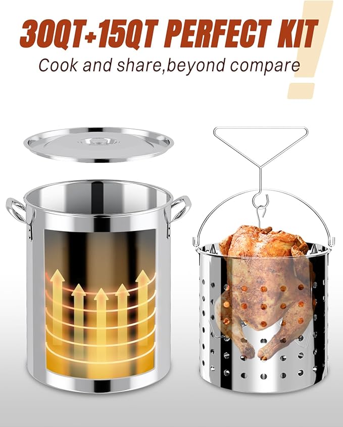 Outdoor Turkey Fryer Set 30QT | Stainless Steel Pot with 15QT Basket | Lid & Lifting Hook & Thermometer | 50,000BTU Propane Gas Burner | For Turkey, Crawfish, Crab, Shrimp & Lobster