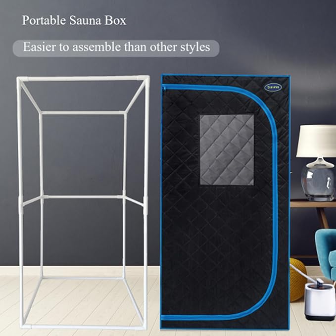 Portable Black Mini Plus Style Steam Sauna Tent–Personal Home Spa, with Steam Generator, Remote Control, Foldable Chair, PVC Pipes. Easy to Install,Fast Heating, with FCC & UL Certification.