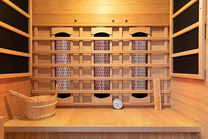 Luxury Dual-System Wood Sauna Room for 3-4 Person, Hybrid Indoor Sauna Spa,Canadian Hemlock, 4.5KW Heater, 195°F Steam+149°F Far Infrared, 10 Heating Elements, 220V, Oxygen Ionizer, 8mm Tempered-grass