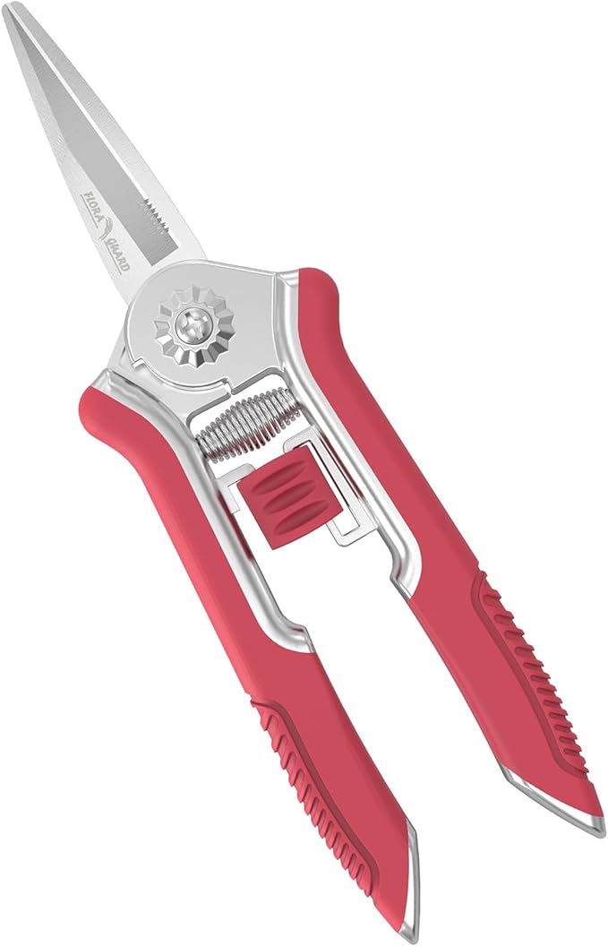 FLORA GUARD 6.5-Inch Floral Scissors, Zinc Alloy with Rubber Handle, Toothed Blade for Quick Cutting, Suitable for Flower Placement, Plant Pruning, Rose or Fruit Picking (Red)
