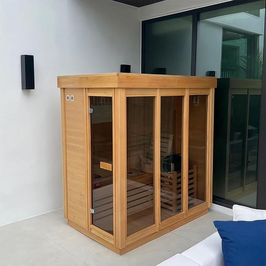 Outdoor Corner Steam Sauna, Canadian Hemlock Saunas 3-4 Person, 6KW ETL Toule Heater, 220V,Broad Bench, Glass Wall Sauna, Waterproof System, Asphalt Shingles,Left Door(0-195℉)