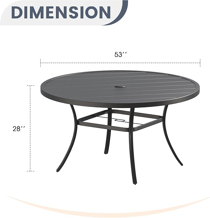 VICLLAX 53" Round Patio Dining Table for 6-8, Metal Outdoor Dining Table with Umbrella Hole for Garden, Patio, Balcony, Black
