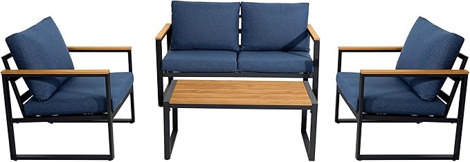 Patio Furniture Set, 4 Pieces Outdoor Patio Furniture with Coffee Table Set, Metal Patio Conversation Sets with Washable and High-Resiliency Sponge Cushions, Upgrade Blue