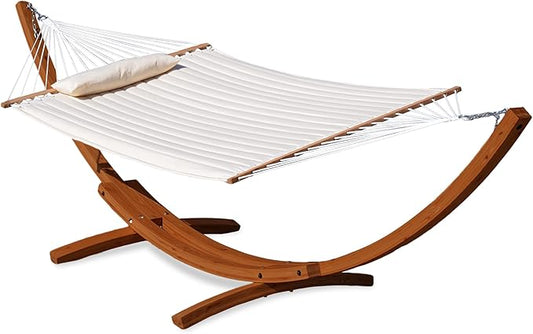 Lazy Daze Hammocks 12 FT Double Quilted Fabric Hammock and 13 FT Brown Wood Arc Stand, with Spreader Bar, Removable Pillow, 2 Person Hammock for Outdoor Patio Poolside, 450 lb Capacity, Brown