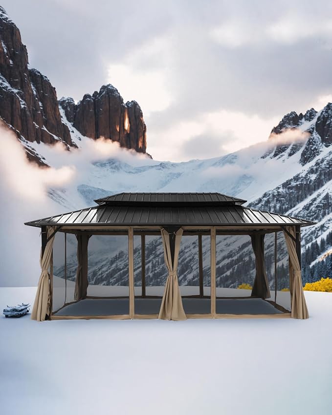 12' x 20' Hardtop Gazebo, Outdoor Patio Gazebo, Aluminum Frame Patio Hardtop Gazebos with Netting and Curtain, Outdoor Patio Pergola with Double Steel Roofs for Deck, Lawns, Parties, Sandstone