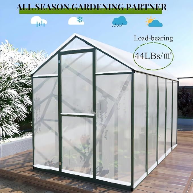 72*72in Greenhouse for Outdoors, Polycarbonate Greenhouse with Stronger Wind Protection and Roof Vent, Walk-in Large Aluminum Sunroom Winter Proof, Green