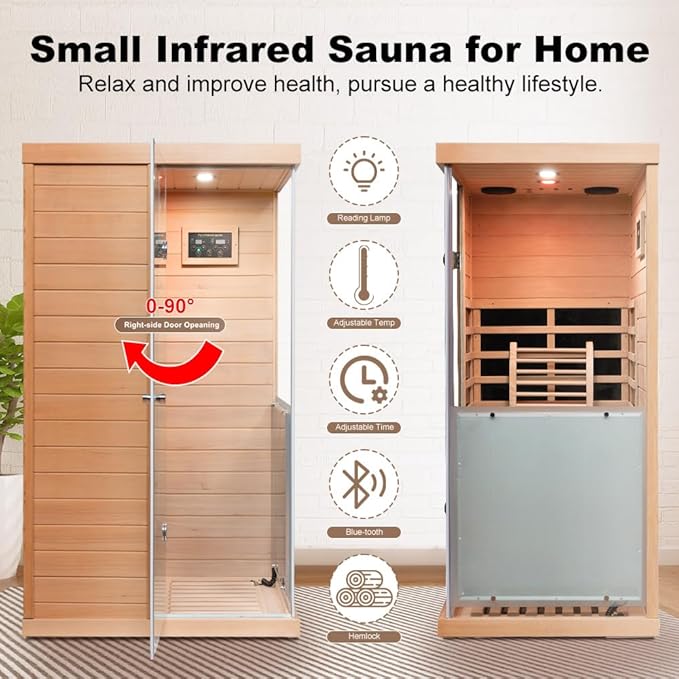 Sauna Infrared Saunas for Home 1 Person, 1060W Far Infrared Sauna Room Hemlock Wood Indoor Saunabox with Tempered Glass, Blue-Tooth Speakers, LCD-Display Control Panel