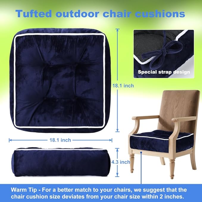 ERWUDEling Outdoor Chair Cushions Set of 2, Patio Cushions for Outdoor Furniture, Tufted Waterproof Outdoor Chair Pads, 19x19x5inch,Blue