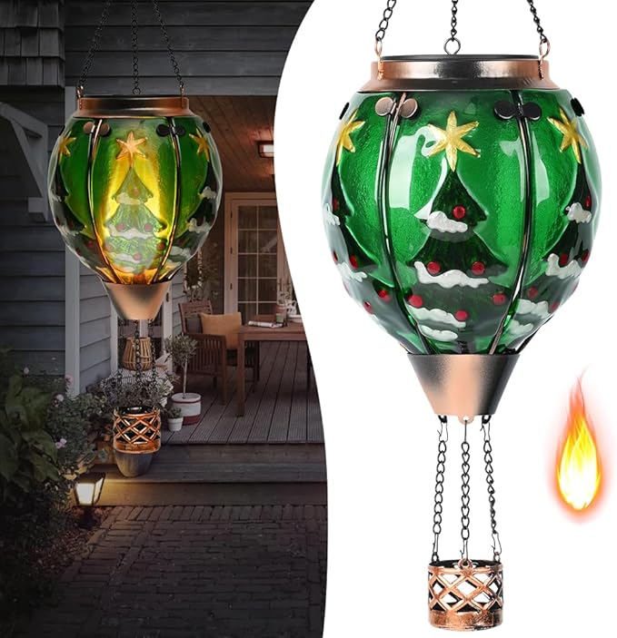Solar Powered Hot Air Balloon Lantern - Christmas Tree Glass Lantern, Simulated Flickering & Dancing Flame, Outdoor Hanging Yard Light Waterproof IP65 for Patio Lawn Porch New Year Decor Gift