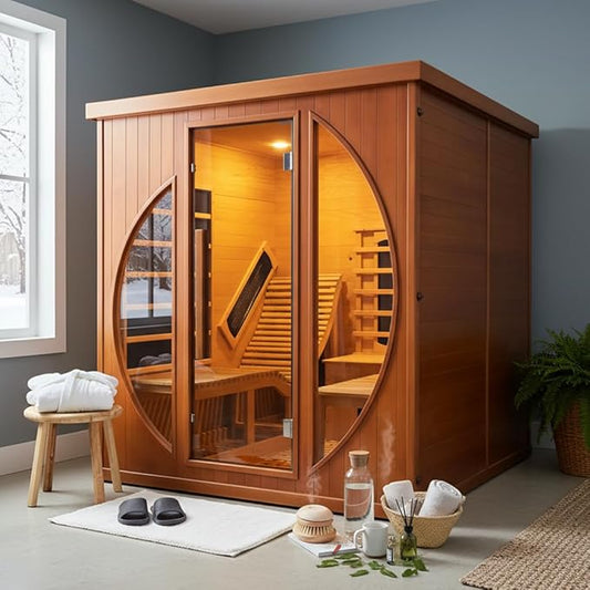 Infrared Wooden Sauna Room with Recliner, 2 Person Infrared Home Sauna, 220V，3400W, 5 Heating Tubes, 4 Carbon Crystal Heating Panel, Bluetooth Speakers, 7 Color Light, Oxygen Bar