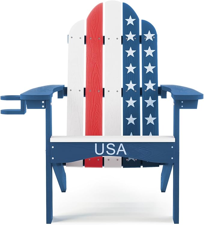 LUE BONA HDPS Adirondack Chairs Set of 4, Fire Pit Outdoor Chair Weather Resistant with Cup Holder, Modern Plastic Chair Plastic for Patio, Deck, Proch, 350LBS, Flag Blue