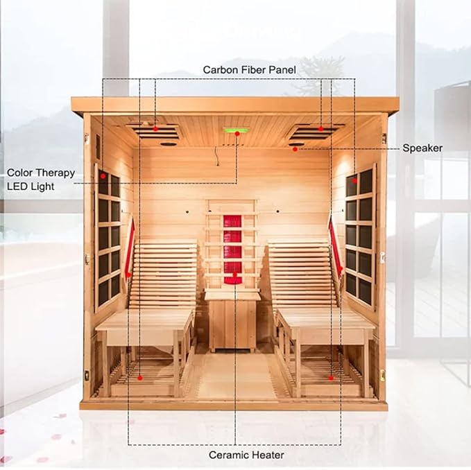 Infrared Wooden Sauna Room with Recliner, 2 Person Infrared Home Sauna, 220V，3400W, 5 Heating Tubes, 4 Carbon Crystal Heating Panel, Bluetooth Speakers, 7 Color Light, Oxygen Bar