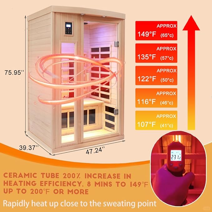 Ceramic Infrared Sauna, 2 Person Infrared Saunas for Home, Hemlock Wood Sauna Room, 2 in 1 Indoor Sauna with Low EMF Heaters + Ceramic Heating Cubes-Chromotherapy-Bluetooth Speaker