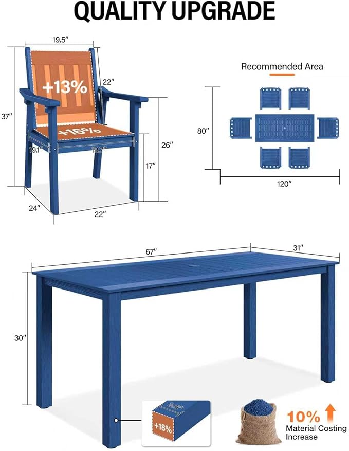 YEFU HIPS Patio Table Set: 10 Piece Outdoor Table and Chairs Dining Furniture Set with Umbrella Hole - Blue Modern Plastic Dining Sets 8 Person for Outside Deck with Metal Aluminum Frame
