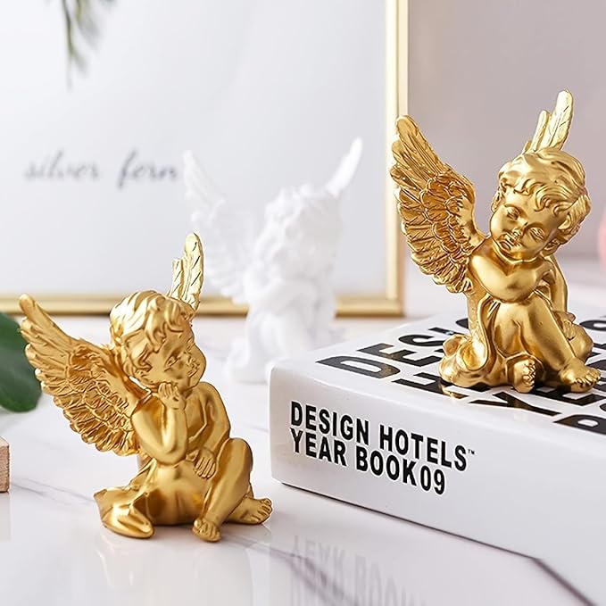 YUEOECOR 2PCS Cherubs Angels Resin Garden Statue Figurine, Adorable Angel Sculpture Memorial Statue Indoor Outdoor Home Garden Decoration (B 2PCS Gold)