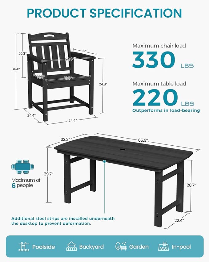 Ciokea HDPE Outdoor Dining Set 7-Piece Patio Table and Chairs with Umbrella Hole, All-Weather Patio Dining Set for 6, Durable Patio Furniture Set for Backyard, Garden, Lawn & Poolside, Black