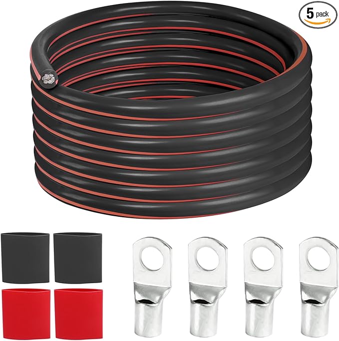 2 Gauge Battery Power Cable (Black, 12 Feet) - 2 AWG Automotive Welding Wire with M8 & M10 SC Lugs for Car, Camper, RV, Solar Low Voltage Wiring - Copper Clad Aluminum