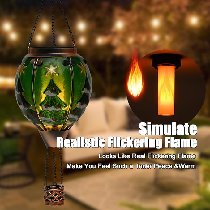 Solar Powered Hot Air Balloon Lantern - Christmas Tree Glass Lantern, Simulated Flickering & Dancing Flame, Outdoor Hanging Yard Light Waterproof IP65 for Patio Lawn Porch New Year Decor Gift