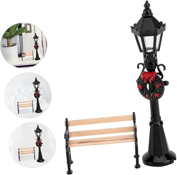 2pcs Christmas Street Lamp Post and Miniature Park Bench Seat Mini Street Light Model Dollhouse Christmas Village Pathway Lantern Post Fairy Garden Accessories