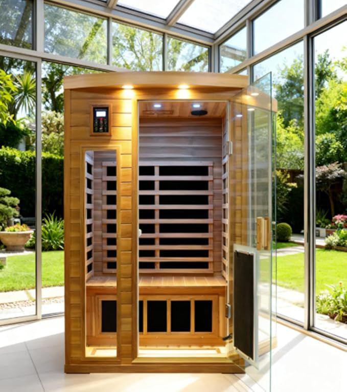 2 Person Infrared Sauna, Red Cedar Wood Low EMF Far Infrared Saunas for Home, 1750watt Indoor Personal Sauna Roombox with Door Heating Panels, 7-Color Lights, Outdoor Lamps, Blue-Tooth