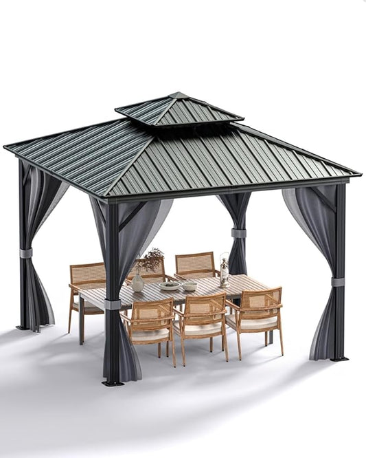 Hardtop Gazebo 12'x12' for All Weather, with Double Metal Roof, Aluminum Alloy Frame, and Net and Curtain, Permanent Building of Backyard Luxury for Patio, Deck, Backyard, Lawn, and Garden, Gray