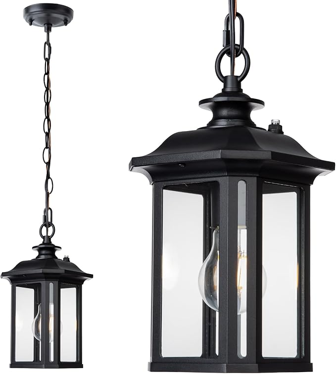 JYZ Dusk to Dawn Outdoor Pendant Lighting, Large Exterior Hanging Lantern Light Fixture, Classic Black Outdoor Chandelier, Outside Ceiling Mount Hanging Lamp for Porch Hallway Foyer Patio Gazebo