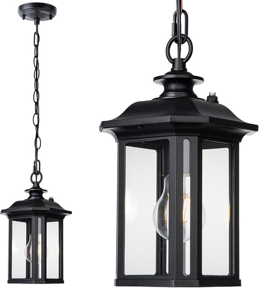 JYZ Dusk to Dawn Outdoor Pendant Lighting, Large Exterior Hanging Lantern Light Fixture, Classic Black Outdoor Chandelier, Outside Ceiling Mount Hanging Lamp for Porch Hallway Foyer Patio Gazebo