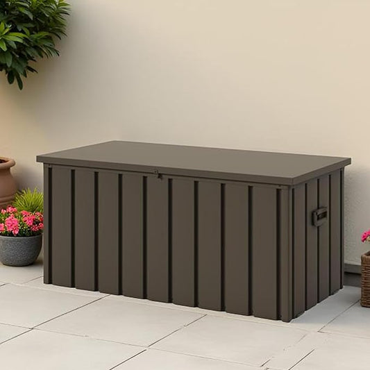 LANTRO JS 120 Gallon Metal Deck Box, Outdoor Storage Box Waterproof with Wheels, Lockable Storage Container for Patio Furniture Cushions Garden Tools, Dark Brown