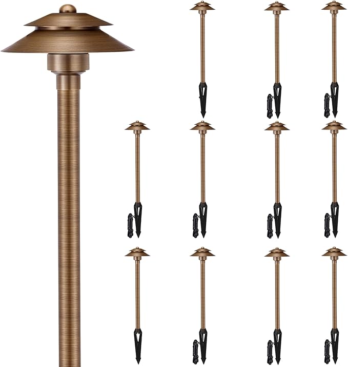 Gardencoin Solid Brass Low Voltage Landscape Pathway Lights (6'' Shade 2-Tier, 19'' Tall), 12V AC/DC LED Heavy Duty Path Lighting Outdoor Wired, Waterproof Bronze Walkway Light Without G4 Bulb,12 Pack