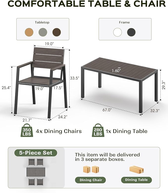 Outdoor Dining Set, Patio Table and Chairs of 4, Aluminum Outdoor Furniture Set with Umbrella Hole, HDPS Patio Dining Table Set for 4 (Charcoal)