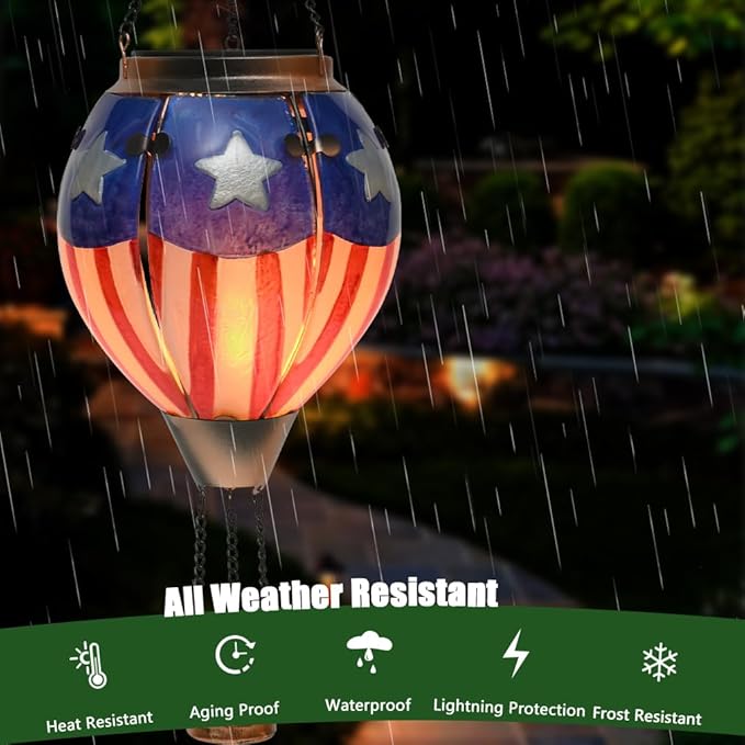 Hot Air Balloon Solar Lantern - U.S Flag Patriotic Glass Lantern, Simulated Flickering & Dancing Flame, Outdoor Hanging Yard Light Waterproof IP65, Ideal 4th of July Gift for Patriot Patio Decor