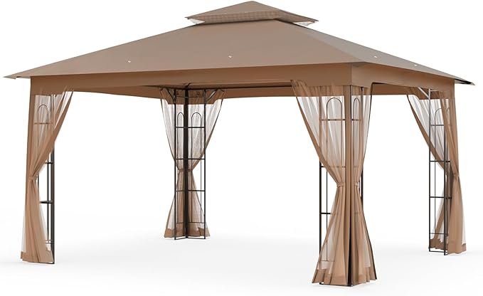 EAGLE PEAK Patio Gazebo with Mesh Netting 13x11 at Top 12x10 Footprint, Soft Top Outdoor Pavilion for Backyard, Deck, Lawn and Garden, Brown