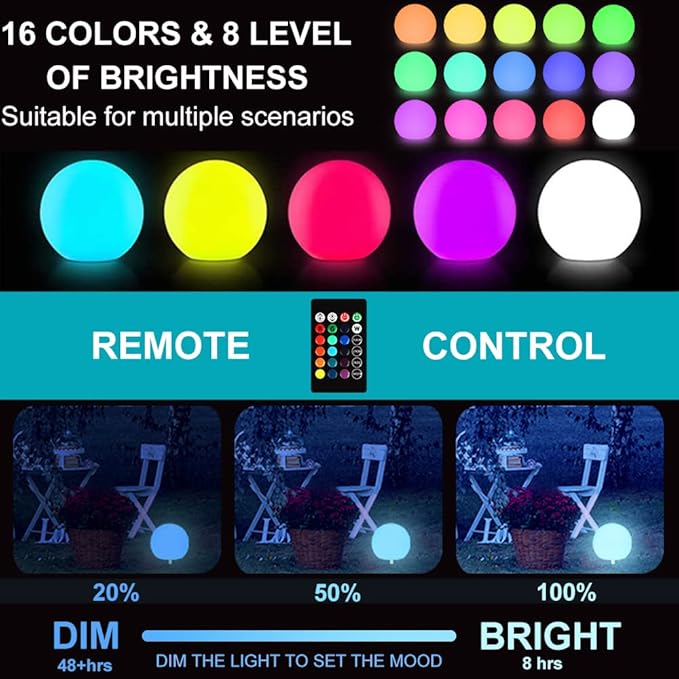 10-in Solar Globe Light Outdoor Waterproof, Dimmable Solar Balls for Garden w/Remote, Glowing Orb Light for Outside w/Ground Stake, Globe Floor Mood Lamp for Patio Yard Lawn Backyard Decor(16 Colors)