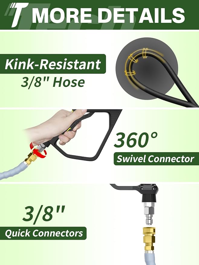 3/8" 4800PSI Pressure Washer Hose 75FT with Swivel Quick Connect for Cold/Hot Water Max 248°F, Kink Resistant Steel Wire Braided, Wear Resistant Power Washer Hose with M22 14mm Adapter