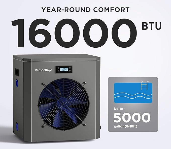16000BTU Above Ground Pool Heat Pump for 5000 Gallon Pools, WiFi Smart Control, Titanium Heat Exchanger, 110V-120V/60Hz Efficient Heating