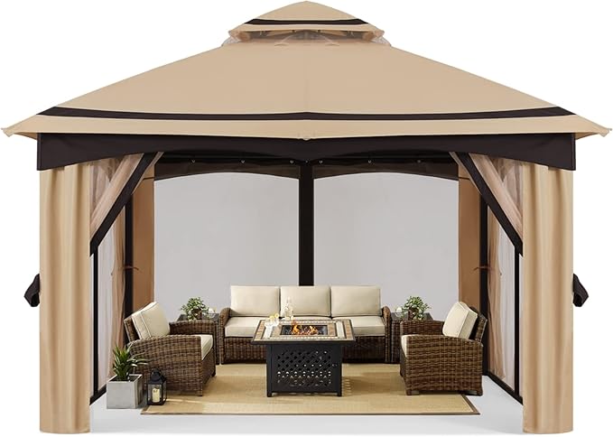MASTERCANOPY 10x12FT Outdoor Patio Gazebo with Mosquito Netting for Backyard, Patio, Garden Beige