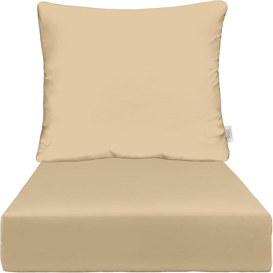 RSH DECOR Deep Seating Cushion with Pillow Back | 25” x 25.5” x 5" Seat | Water and Fade-Resistant Spun Fabric | Made in USA | Outdoor Chair Cushion Set for Patio Furniture (Tan)
