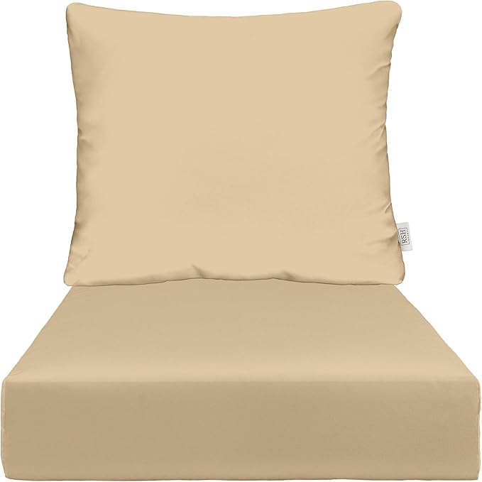RSH DECOR Deep Seating Cushion with Pillow Back | 22” x 25” x 5" Seat | Water and Fade-Resistant Spun Fabric | Made in USA | Outdoor Chair Cushion Set for Patio Furniture (Tan)